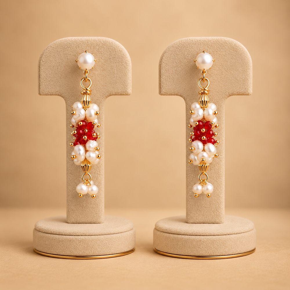 Ruby Pearl Cluster Drop Earrings