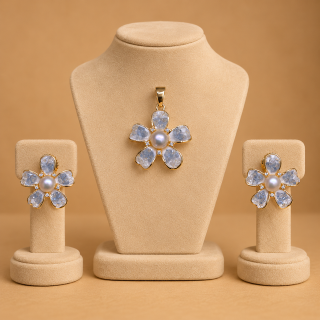 Crystal Flower Pearl Pendant & Earrings Set