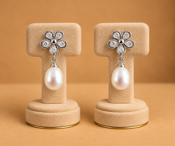 Crystal Flower Pearl Drop Earrings