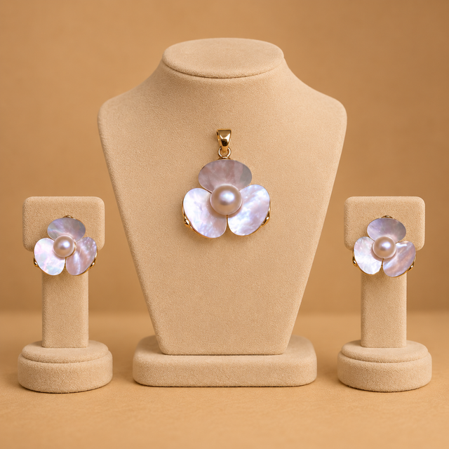 Mother of Pearl Flower Pendant & Earrings Set