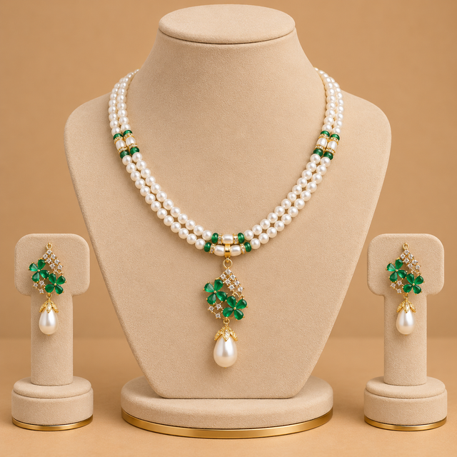 Green Accent Pearl Necklace & Earrings Set